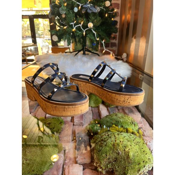 VALENTINO  Navy Blue Rockstud Cork Sandals SZ 37.5 - Picture 5 of 10
